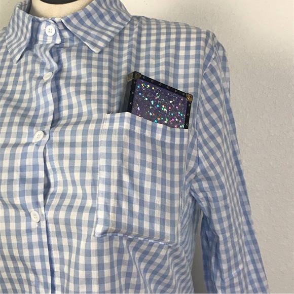 E. Retro Button Down High Low Blouse Women’s Size XXL Blue / White Long Sleeve - Picture 11 of 14